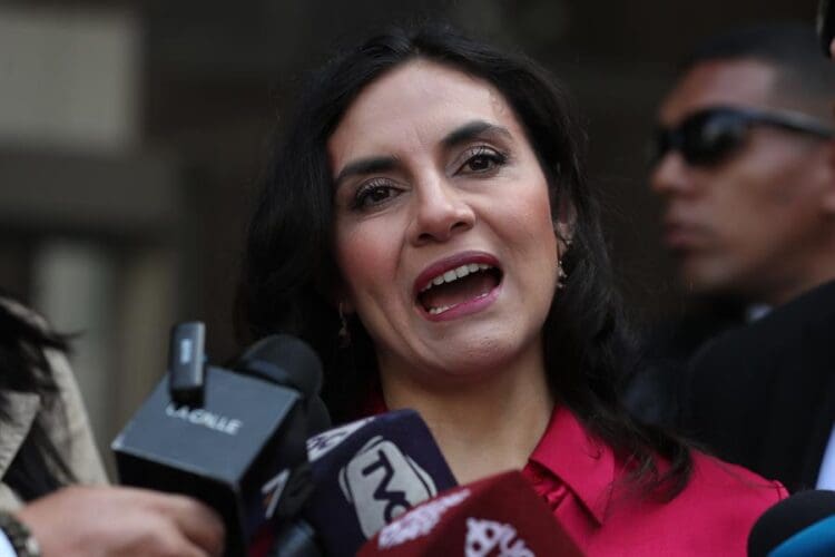 Ecuadorian Vice President Verónica Abad speaks outside the National Assembly in Quito, Ecuador on Feb. 28, 2025. EFE/ Jose Jácome